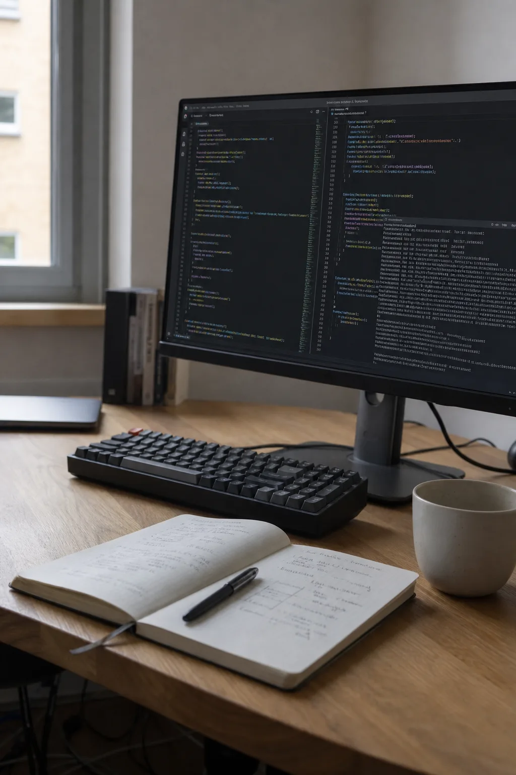 Schreibtisch mit Tastatur, einem Monitor mit Quelltext und handschriftlichen Notizen bei Tageslicht.