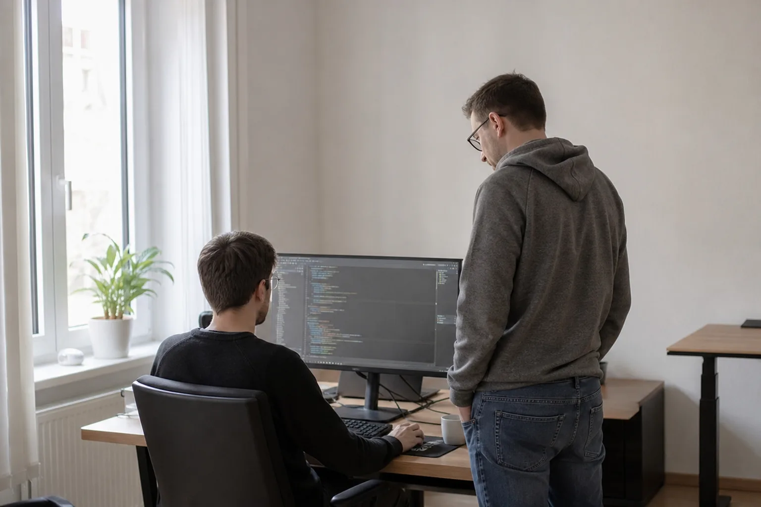 Zwei Personen arbeiten gemeinsam an einem Schreibtisch vor einem Monitor mit Quelltext.