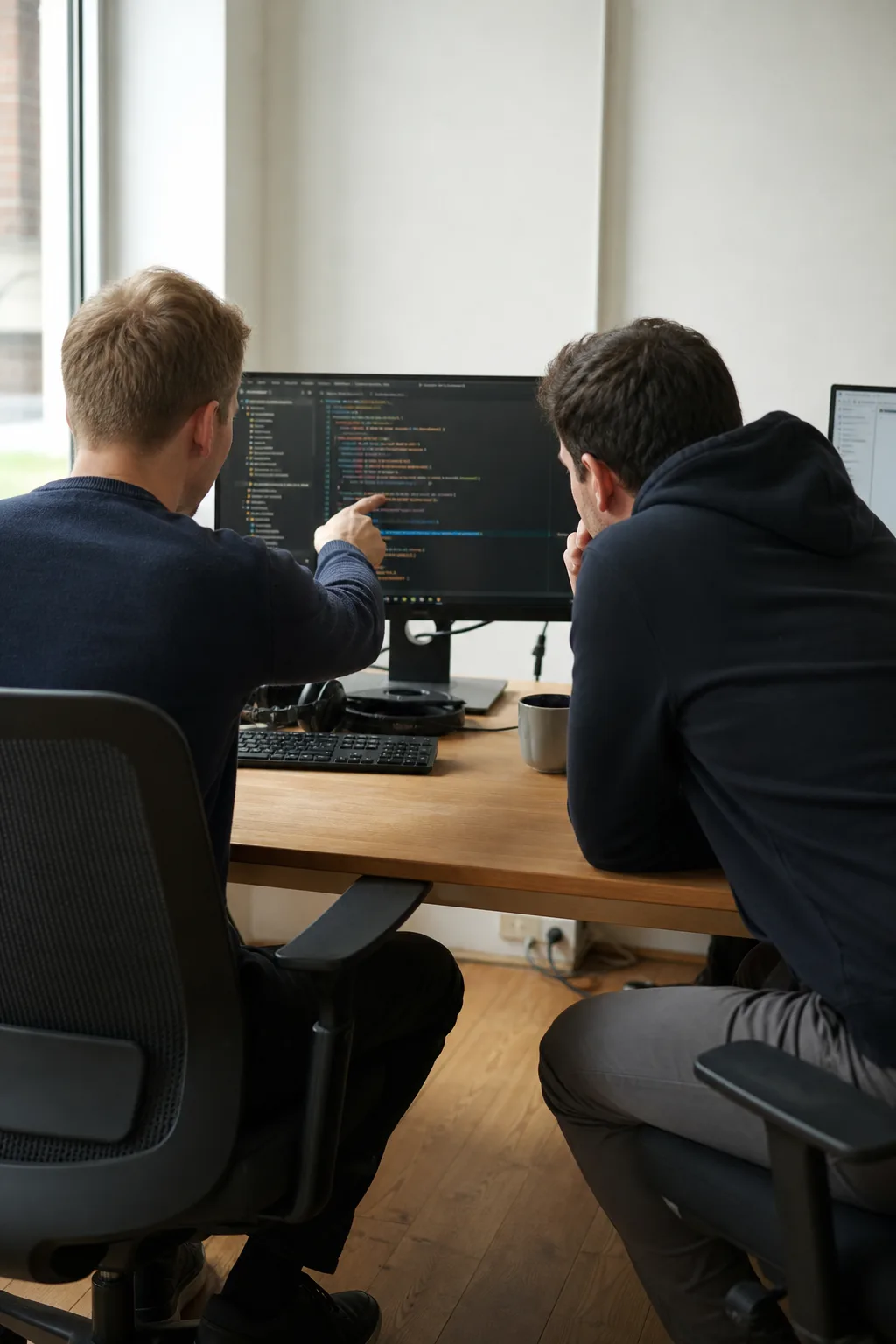 Zwei Personen sitzen nebeneinander vor einem Monitor; eine zeigt auf eine Stelle im Quelltext.