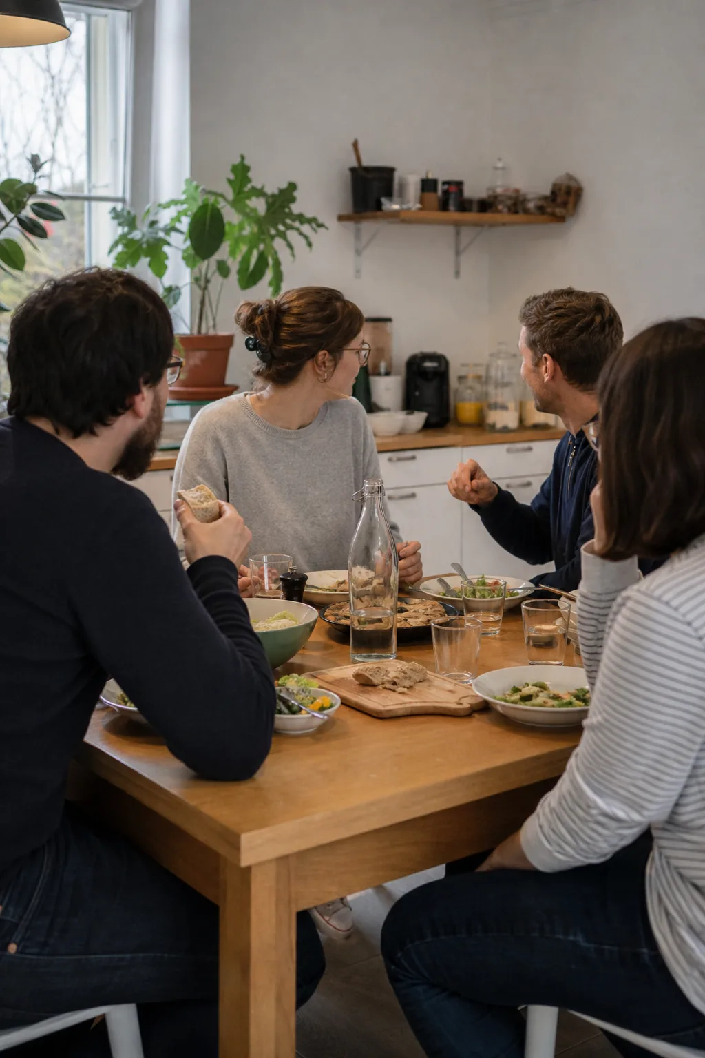 Mehrere Personen essen gemeinsam an einem Tisch in einer Büroküche.