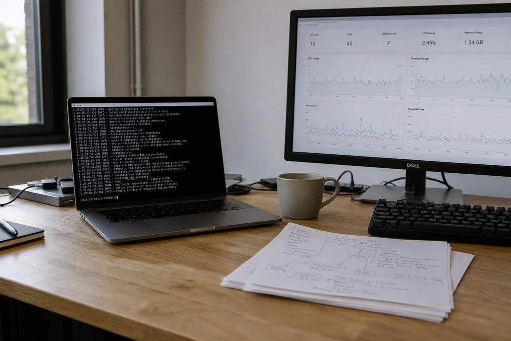 Schreibtisch mit Laptop, auf dem ein Auslieferungsprotokoll läuft, daneben ein Bildschirm mit Betriebskennzahlen und ausgedruckte Architekturnotizen.