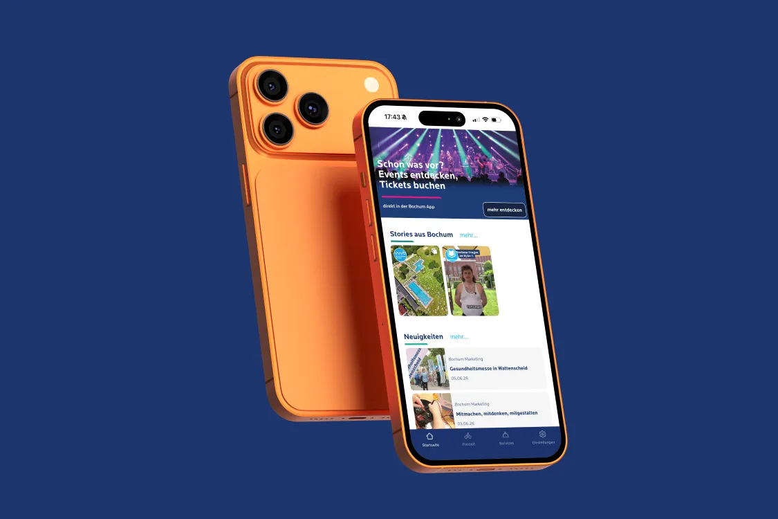Die Bochum-App auf zwei iPhones: Startseite mit Veranstaltungen und Ticketbuchung.