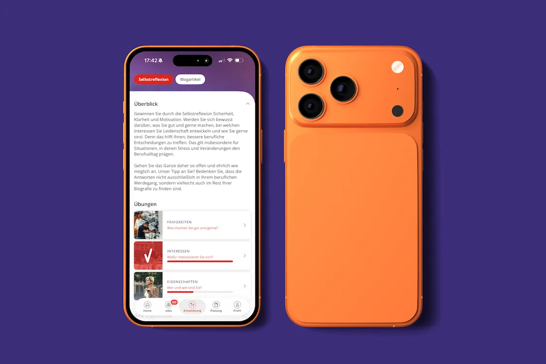 Die Outplacement-App auf einem iPhone: Überblickstext über einer Liste von Übungen zur Selbstreflexion.