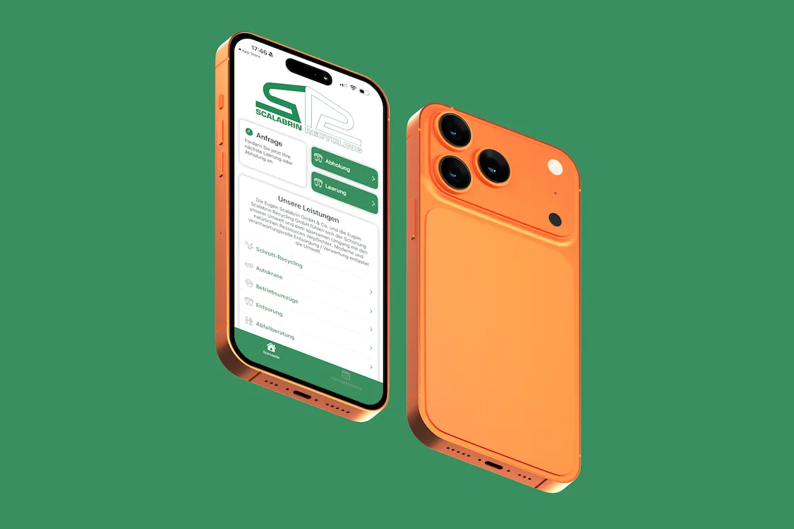 Die Scalabrin-App auf einem iPhone: Anfrageformular für Abholung und Lieferung über der Leistungsliste.