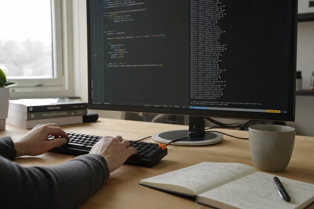 Arbeitsplatz mit Tastatur, Bildschirm mit Quelltext und handschriftlichen Notizen bei Tageslicht.